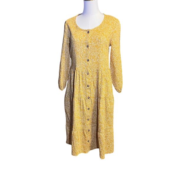Toad&Co Manzana Tiered Long-Sleeve Dress. Yellow with Black Flowers. Size XS - Picture 2 of 9